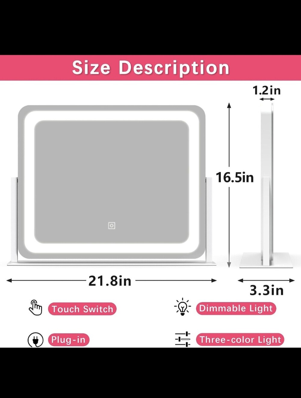 ROLOVE 22x17 Inch Lighted Vanity Mirror with Dimmable LED Lights - 3 Color Modes